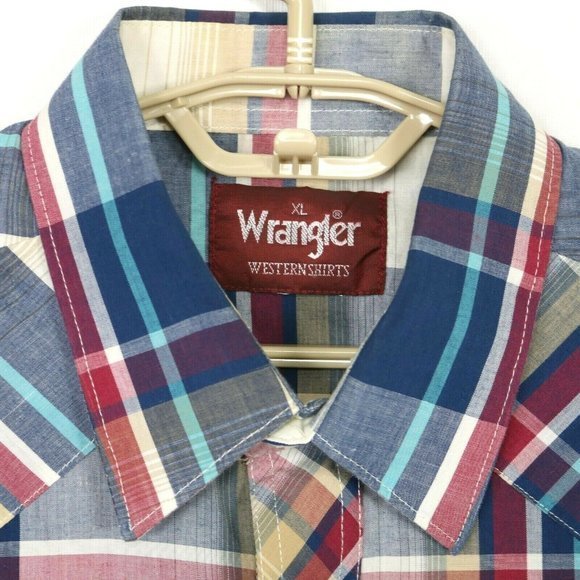 Vintage Wrangler Western Shirt White Blue Red Tan Plaid Pearl Snap XL - Picture 5 of 12